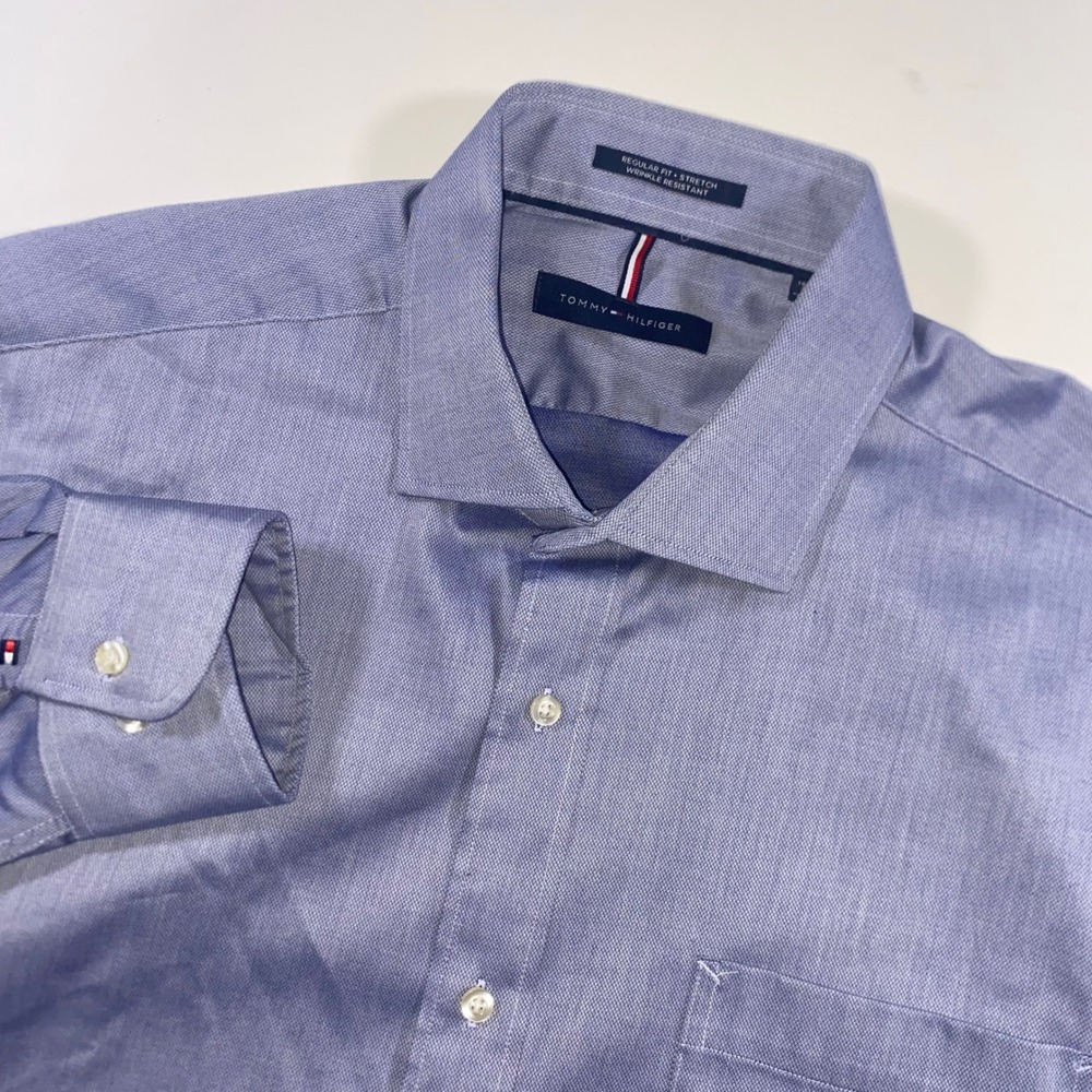 Tommy Hilfiger Mens Blue Regular Fit Stretch Wrinkle Resistant Shirt L 16-16.5